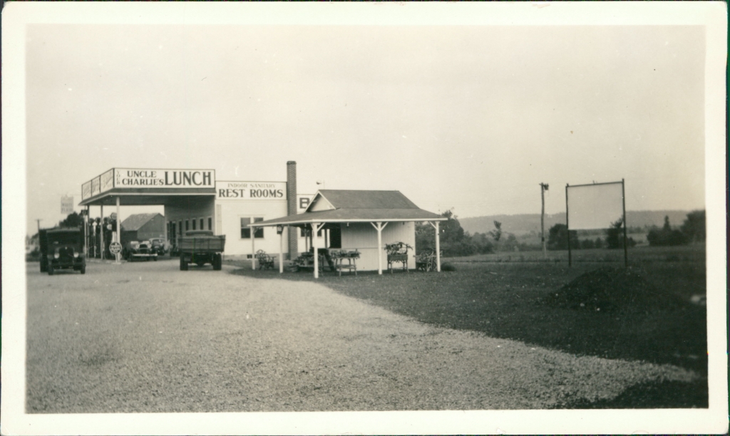 Becky started out showing movies at Uncle Charlie's Lunch outside to customers on benches, 1930's.