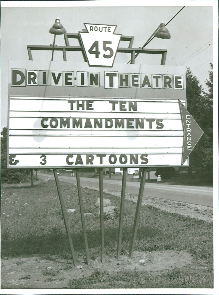 Entrance marquee, showing "The Ten Commandments", late 1950's.